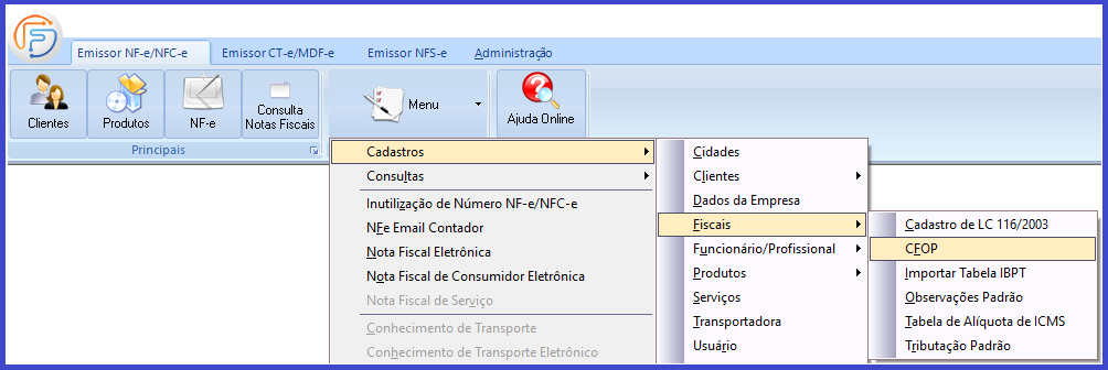 Como emitir a Nota Fiscal Eletrônica - NFe? menu cfop